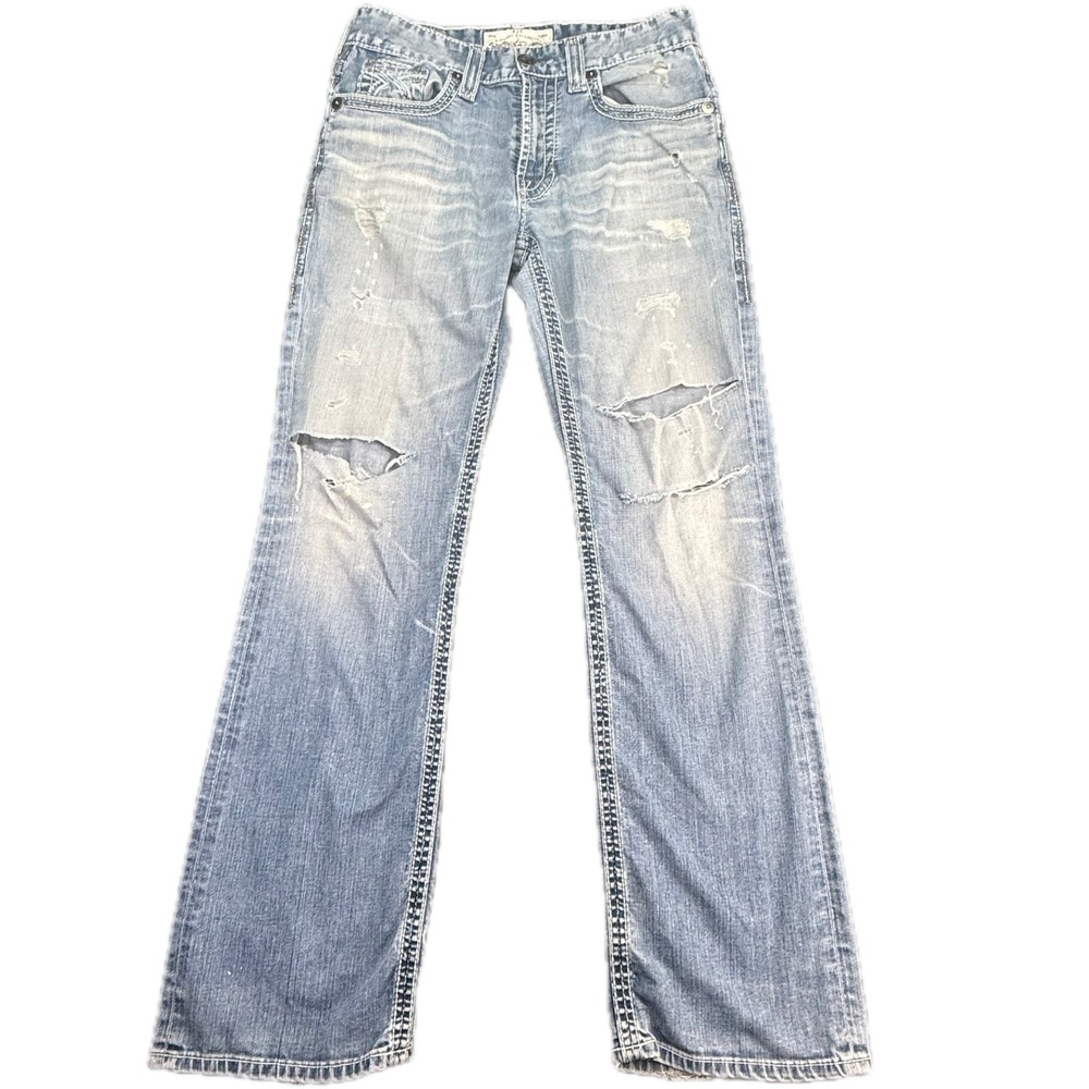 Big Star Pioneer Jeans Mens 31R Blue Distressed Straight Leg Paint Splatter